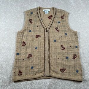 Robert Scott Wool Sweater Vest Embroidered V Neck Plaid Floral Lightweight Large